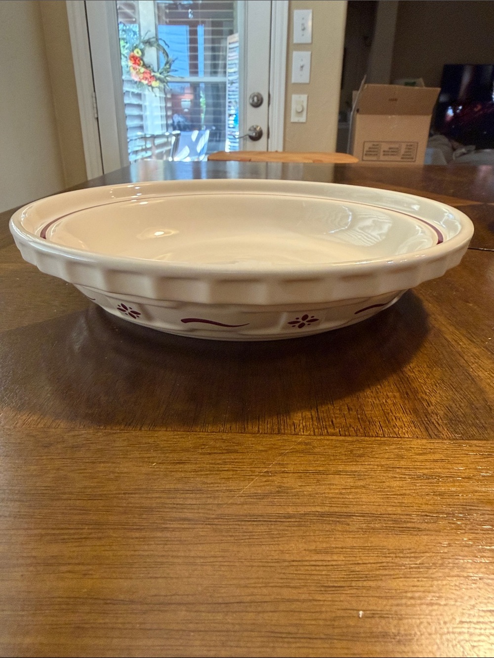 Longaberger Cream Ceramic Serving Bowl with Maroon Accent